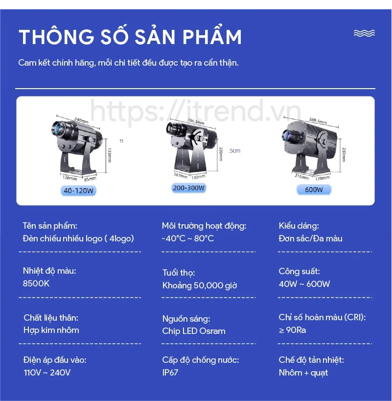 Thông số các loại đèn chiếu 4 logo